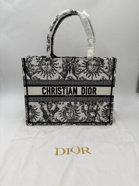 Canvas Embroidered Medium Toile De Jouy Soleil Book Tote Black White